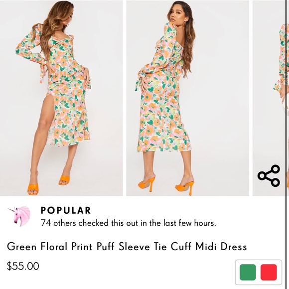 Plt Green Floral Puff Sleeve Tie Cuff 